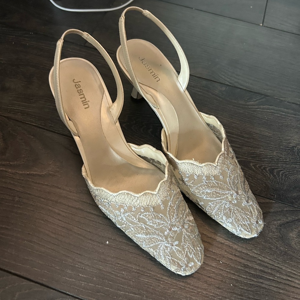 Jasmine Women's Beige Embroidered Slingback Heels